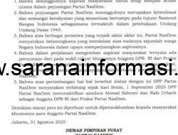 Ketua Umum Partai NasDem Nonaktifkan Ahmad Sahroni dan Nafa Urbach Sebagai Anggota DPR-RI